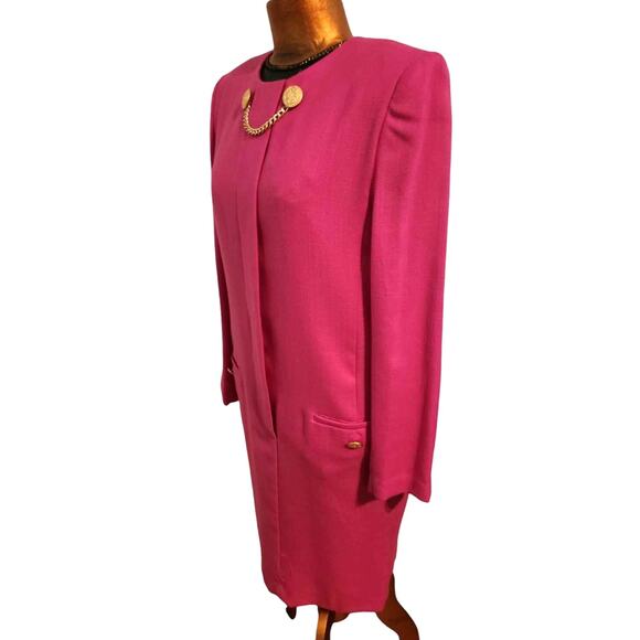 Vintage 1980s Depeche Mode Hot Pink Sheath Dress Gold Button Chain Front Size 10 - Picture 6 of 10